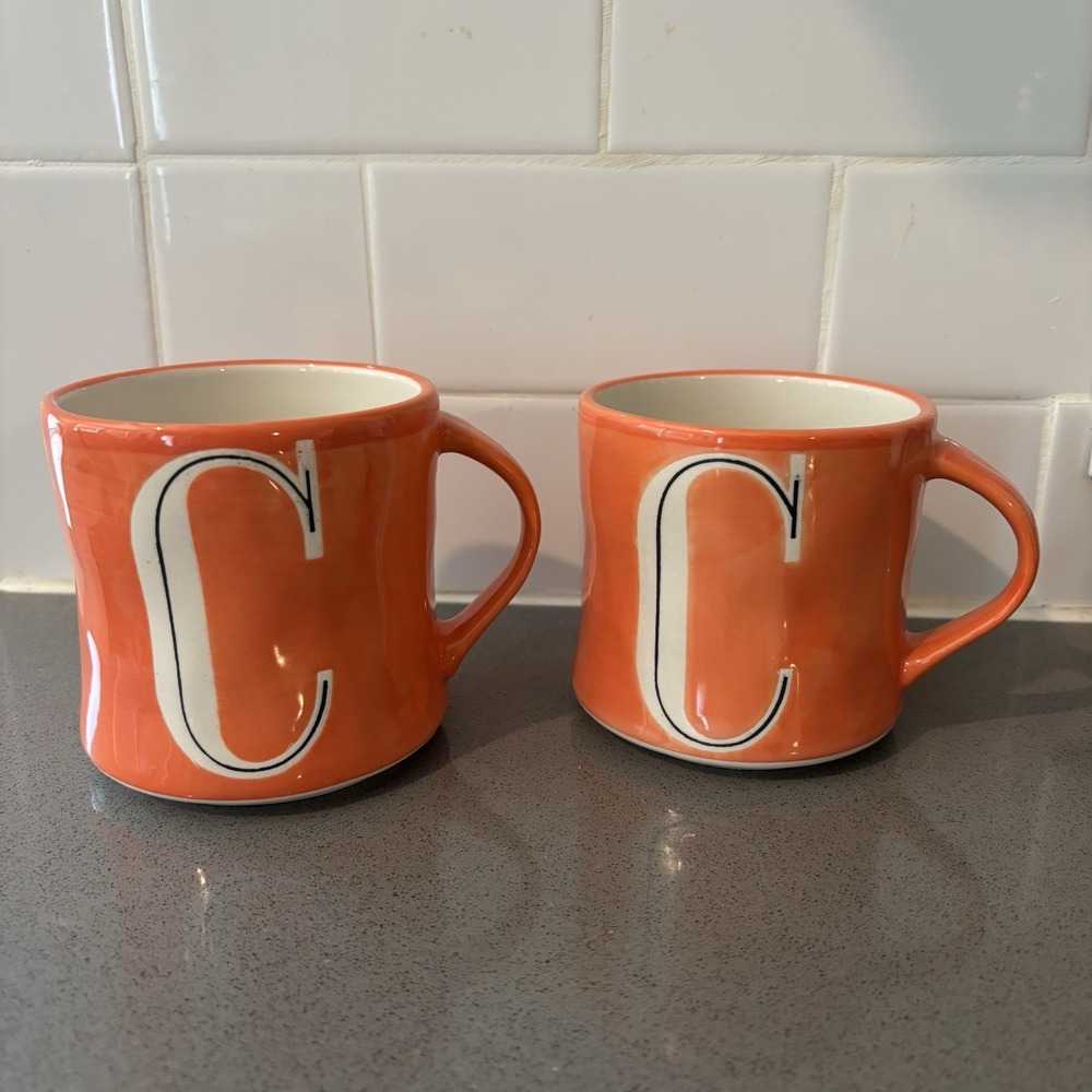 Anthropologie Mug Hand Painted Letter C Monogram Coffee Cup Orange Set Of 2